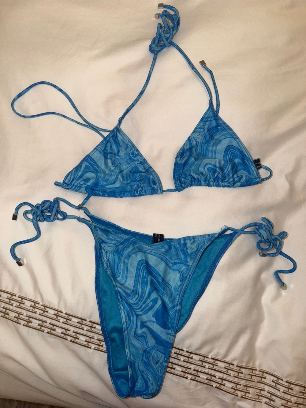 Marbled Blue Tie-Side Triangle Bikini - Women Swim